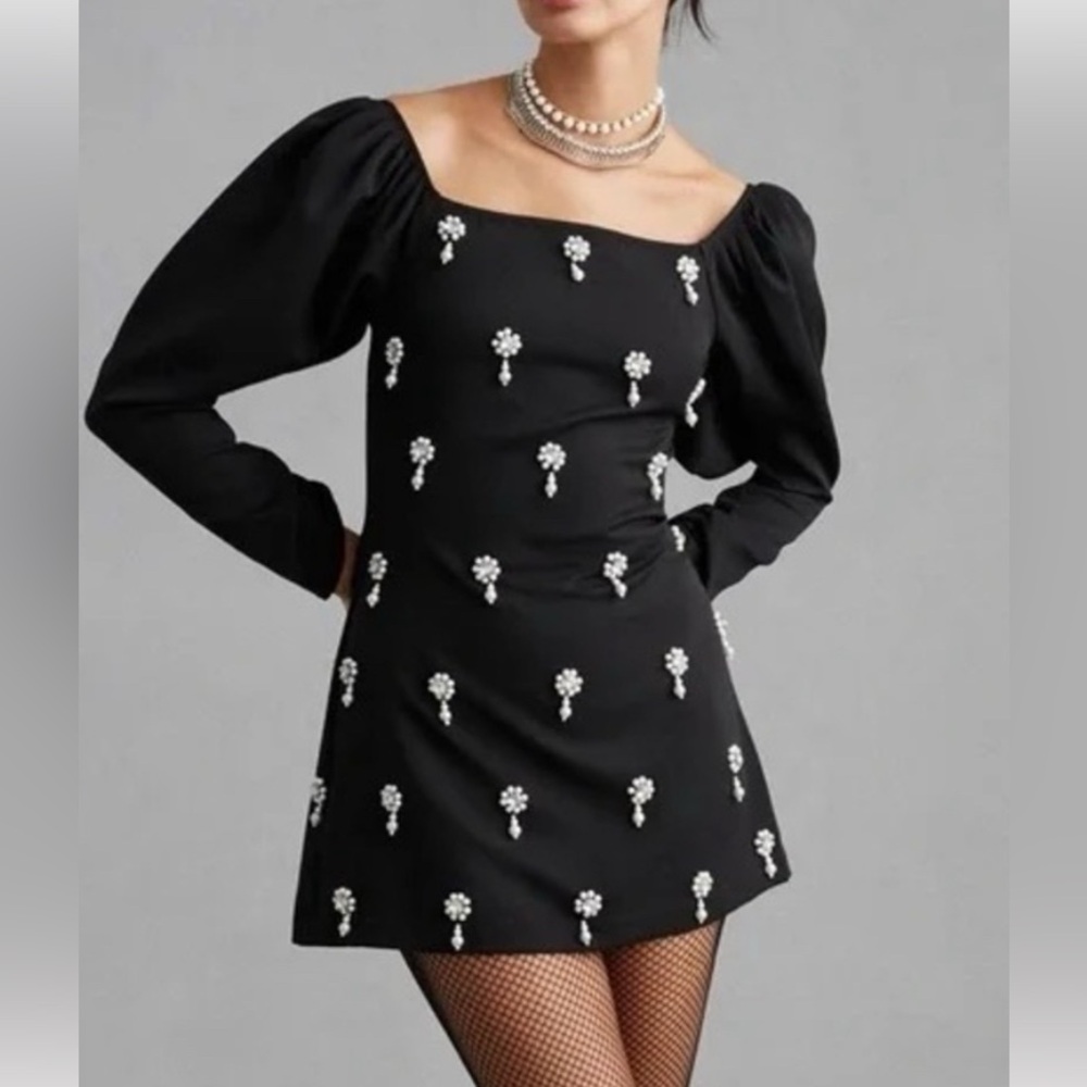 Anthropologie Black Embellished Mini Dress with Puff Sleeves